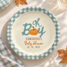 Oj pojke pumpa blå gingham baby shower