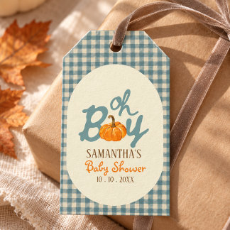 Oj pojke pumpa blå gingham baby shower presentetikett