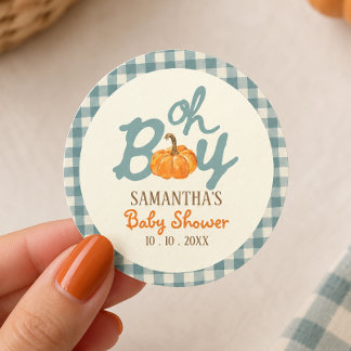 Oj pojke pumpa blå gingham baby shower runt klistermärke