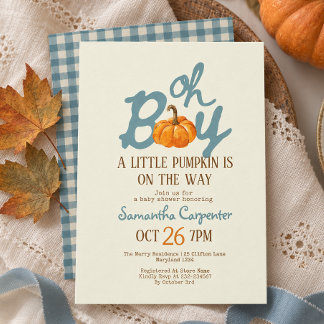 Oj pojke pumpa blå gingham vintage baby shower inbjudningar