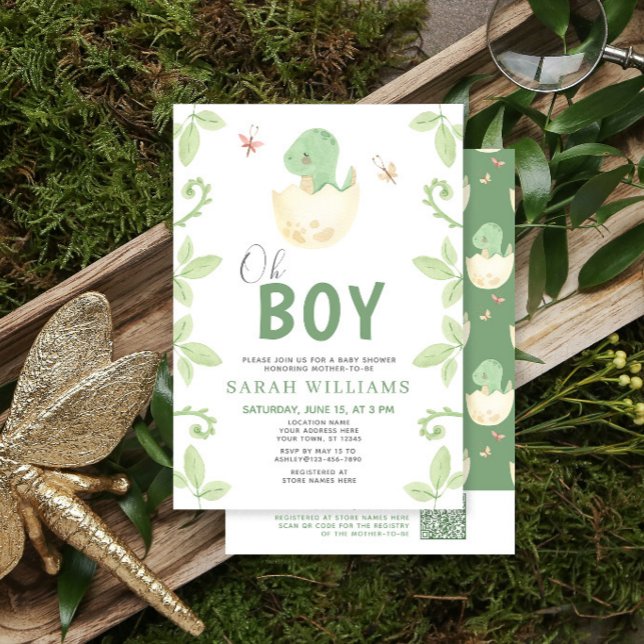 Oj pojke QR-kod Söt grön dinosaurie Baby shower Inbjudningar (Skapare uppladdad)