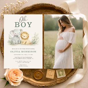 Oj pojke safari djur foto baby shower inbjudningar