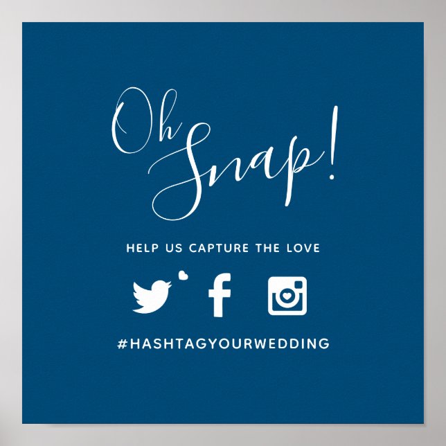 Oj snap hashtag bröllop enkel blå vit poster (Framsidan)