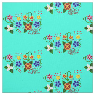 Ojibwe-Blommigt design med turkos bakgrund Tyg