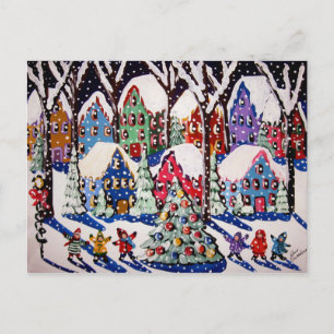 O'Julgran Carolers Winter FolArt Postcard Helg Vykort