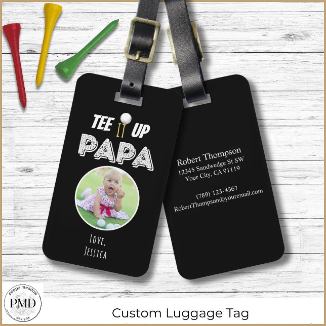 Öka den Pappa Anpassningsbar fotosvart Golf Bagagebricka (Tee It Up Papa Custom Photo Black Golf Luggage Tag with Child or Pet Photo, Name, Contact Info.)