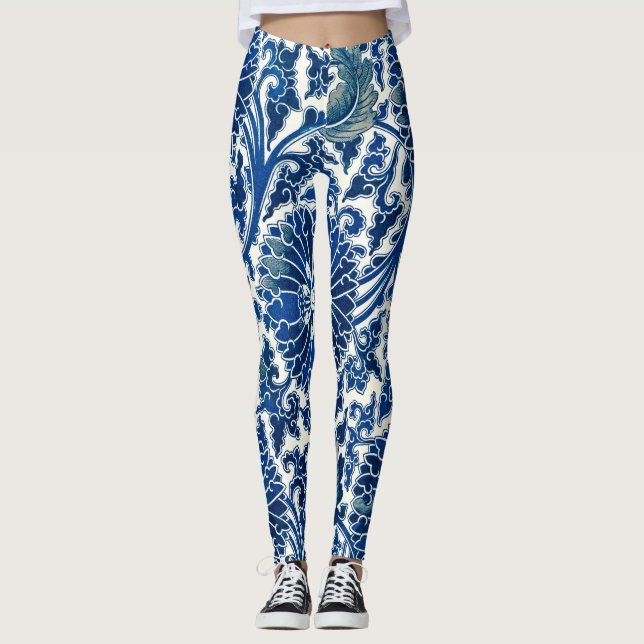 Öka din Stil: Blå Blommigt och kinesiska prydnadsf Leggings (Framsida)