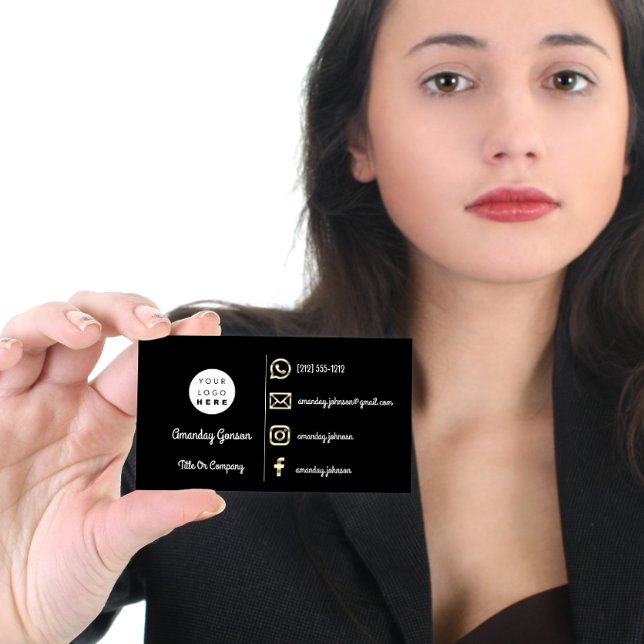 Öka ditt varumärke med Anpassningsbar Logotyp Soci Visitkort (Custom Logo Social Media Gold QR Code ModernBlack Business Card)