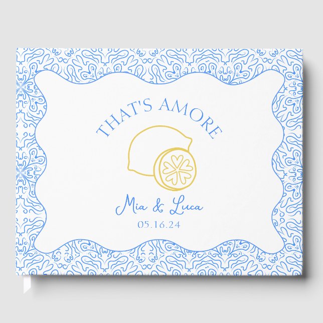 Öka Italien Lemons Blue Tiles Personligen Bröllop Gästböcker (Framsida)