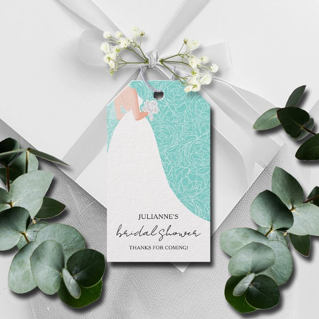 Öka Möhippans turkos-fördel Presentetikett (Bride to Be in her wedding gown on bridal shower turquoise favor gift tags)