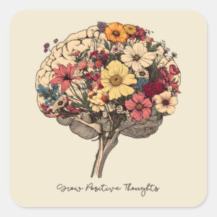 Öka positiva tankar Brain Blommigt Stil T-Shirt Fyrkantigt Klistermärke