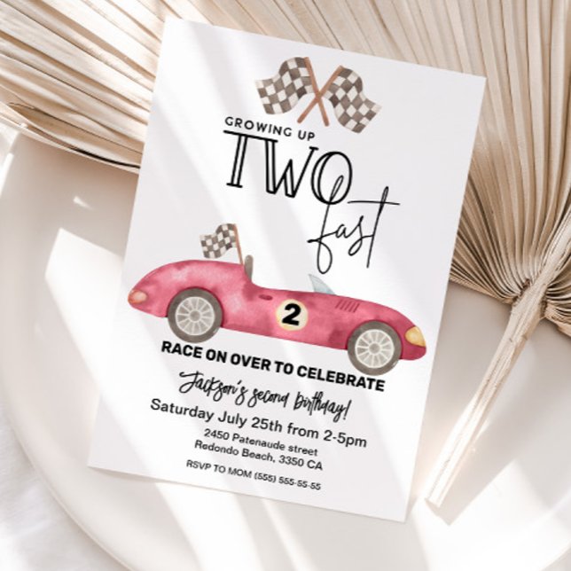 Öka upp två Röda Tävling-bilars snabba födelsedag, Inbjudningar (Growing up TWO FAST birthday invitation, Red race car 2nd birthday)