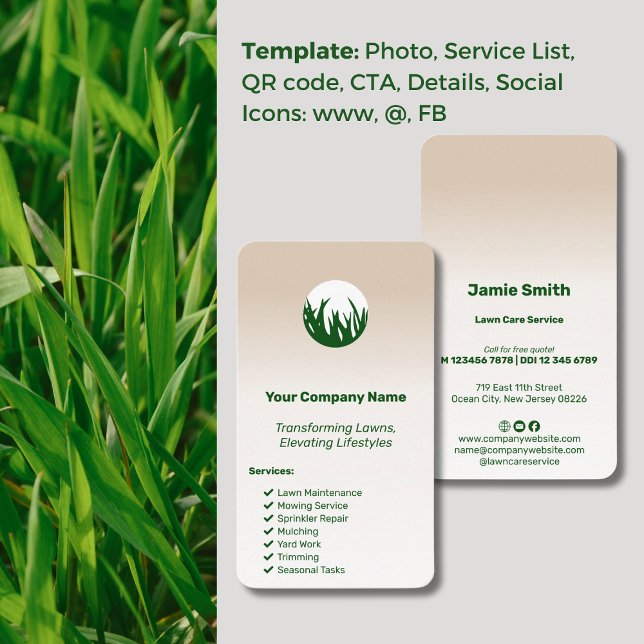 Ökad Gräsmatta för Anpassningsbar av livsstilar Visitkort (Elevating Lifestyles Custom Lawn Care Business Card, Green Grass Logo, Service List, Icons)