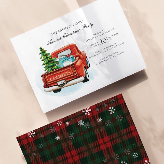 Ökad inbjudan till Röda Lastbil-julpartiet (Plaid and Snowflakes Christmas Party Invitation)