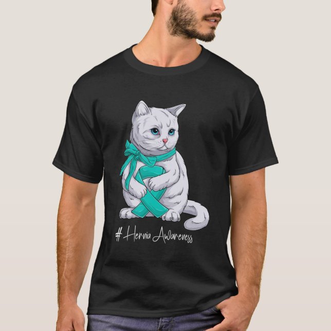Ökad medvetenhet hos Hernia Månad Teal Ribbon Cat T Shirt (Framsida)