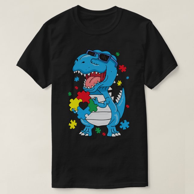 Ökad medvetenhet om autism T Rex Dinosaur Puzzle B Shirt (Design framsida)