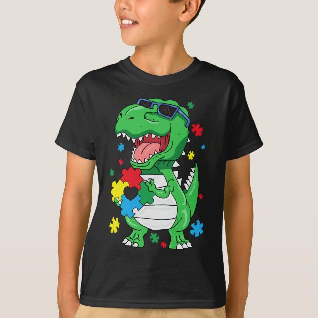 Ökad medvetenhet om autism T Rex Dinosaur Puzzle B Shirt (Framsida)