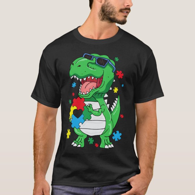 Ökad medvetenhet om autism T Rex Dinosaur Puzzle B T Shirt (Framsida)