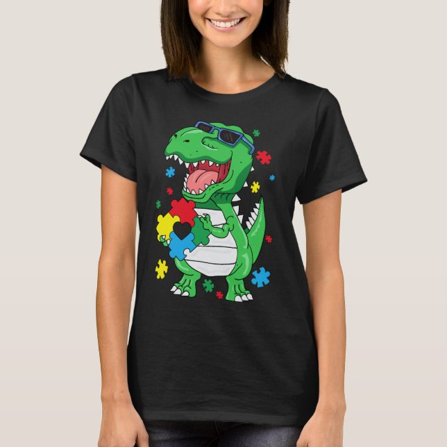 Ökad medvetenhet om autism T Rex Dinosaur Puzzle B T Shirt (Framsida)