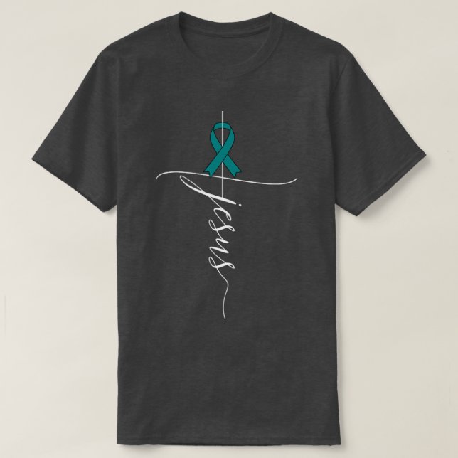 Ökad medvetenhet om cancer Jesus Teal Ribbon Gift T Shirt (Design framsida)