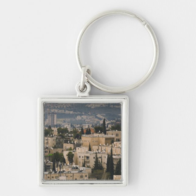 Ökad stadsvy från Jerusalem YMCA torn Fyrkantig Silverfärgad Nyckelring (Framsidan)