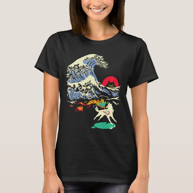 Okami Amaterasu Sol God Varg Underbar Wave Video T Shirt (Framsida)