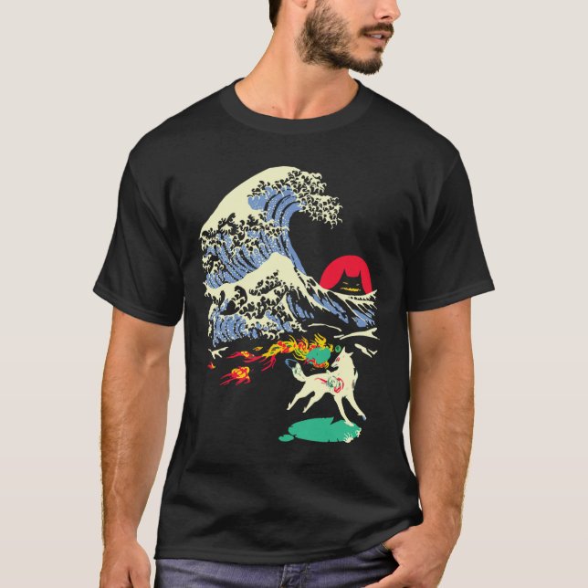 Okami Amaterasu Sol God Varg Underbar Wave Video T Shirt (Framsida)