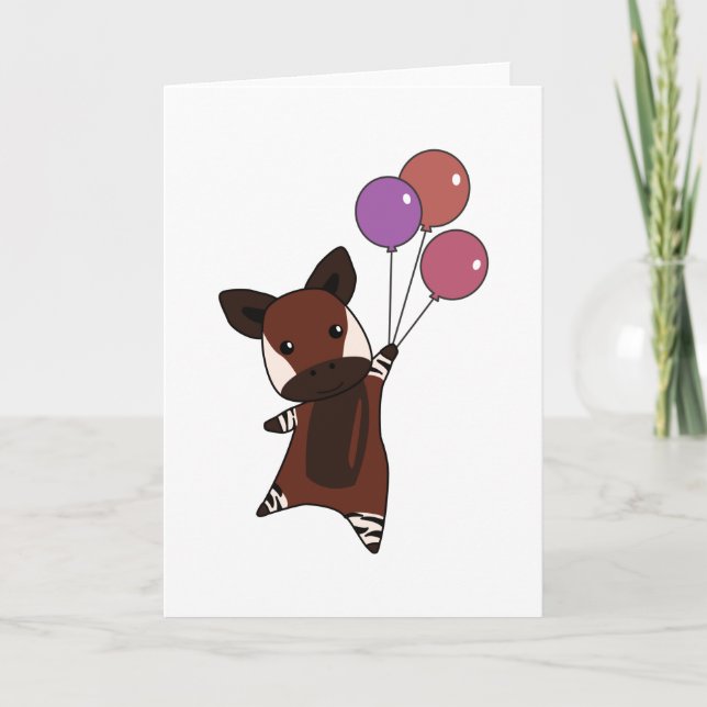 Okapi flyger med ballonger upp sötdjur kort (Framsida)