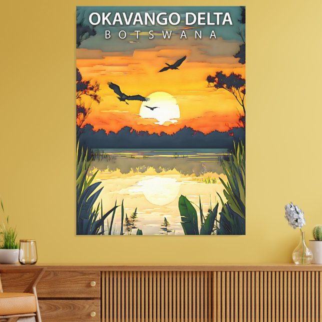 Okavango-deltat – Retro-reseaffisch för Botswana Canvastryck (Insitu (Vardagsrum))