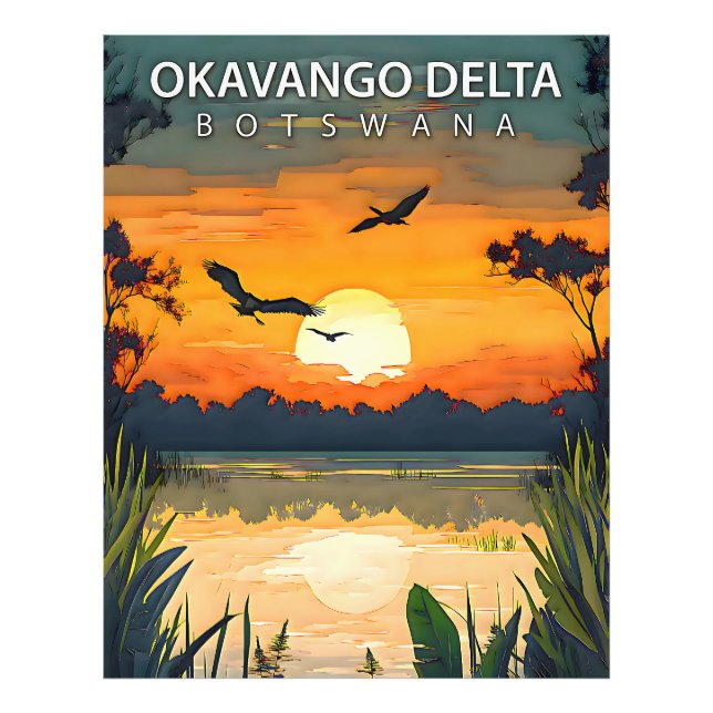 Okavango-deltat – Retro-reseaffisch för Botswana Fototryck (Framsidan)