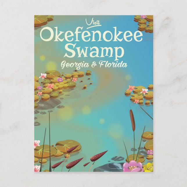 Okefenokee träsk serieteckning resa affisch vykort (Framsida)