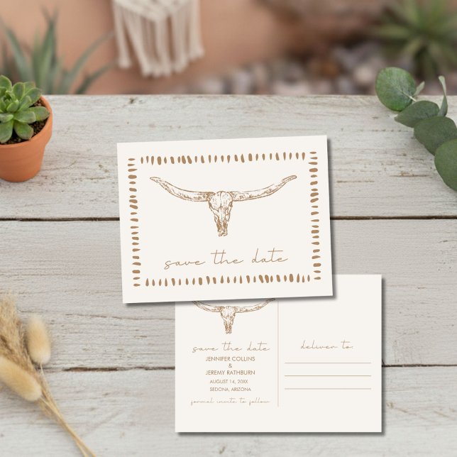 Öken Boho Ko Skalle Bröllop Spara Datum Meddelande Vykort (Desert Boho Cow Skull Wedding Save the Date)