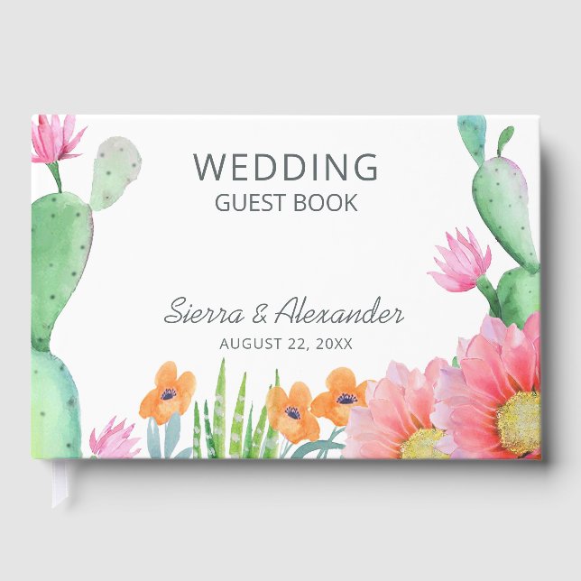 Öken Dröm Boho Akvarell Blommig Kaktus Bröllop Gästböcker (Framsida)
