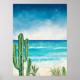 Öken Kaktus Strand Sjölandskap Akvarell Poster