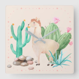 Öken LIama Kactus Blommor Fyrkantig Klocka