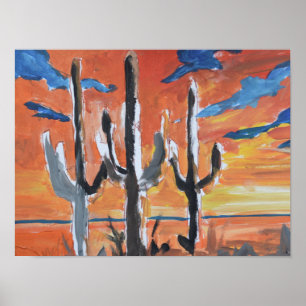 Öken Saguaro Solnedgång Neo-Expressionist Poster