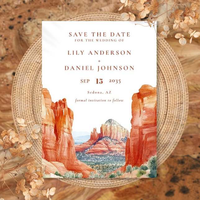 Ökenberg Bröllop med akvarelldestination Spara Datumet (Desert Mountain Watercolor Destination Wedding Save The Date)