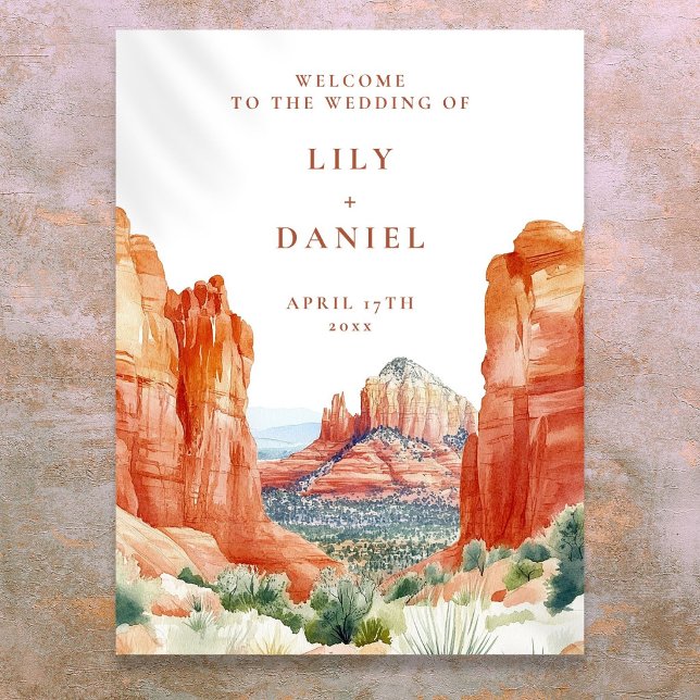 Ökenberg vattenfärg bröllop välkomstskylt poster (Desert Mountain Watercolor Wedding Welcome Sign)
