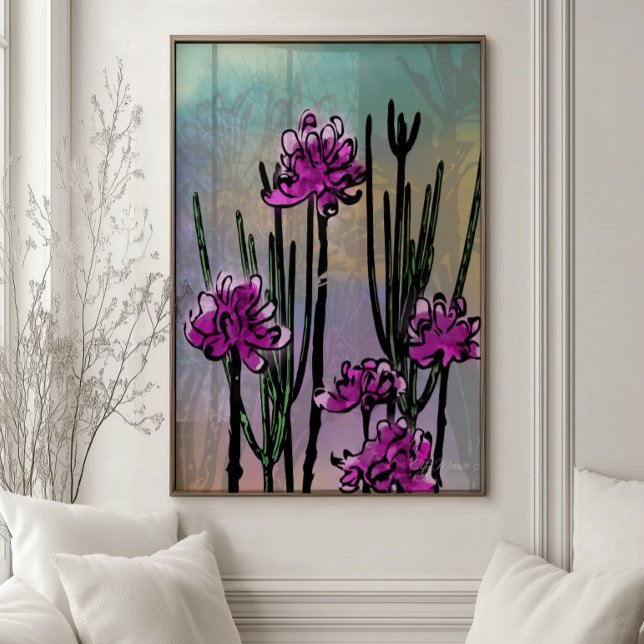 Ökenblommor Botanisk Väggkonsttryck Poster (Contemporary botanical wall art featuring vibrant desert blooms in expressive watercolor and ink.)