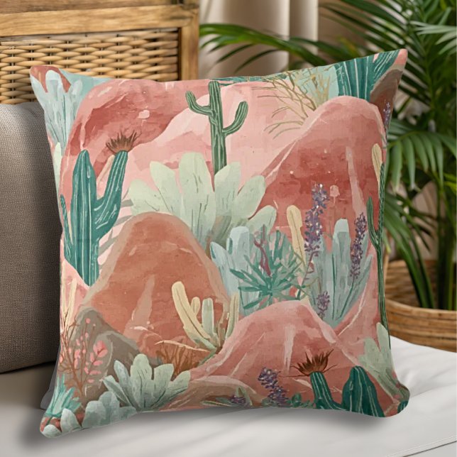 Ökenblomning Canyon Akvarell Landskap Kudde (Blush canyon pillow with watercolor cacti, soft sage greens, and dreamy desert sunset tones.)