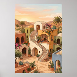 Ökenby Solnedgång Konst - Boho Färgrika Hus Poster