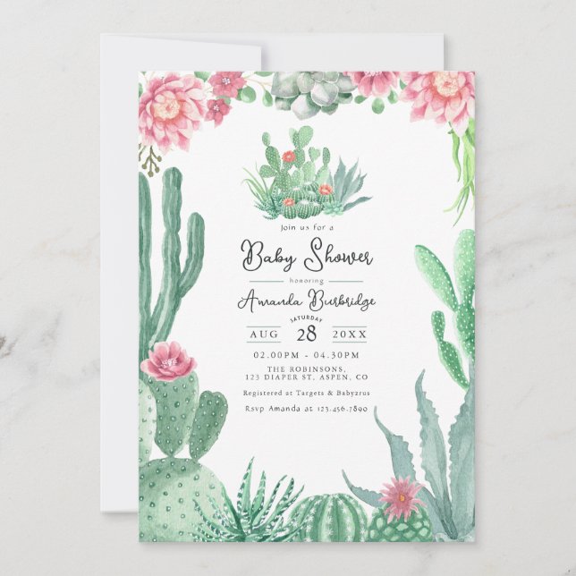 Ökenkaktus Blommig Baby Shower Inbjudningar (Framsida)