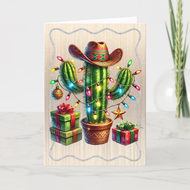 Ökenkaktus som bär cowboyhatt jul helgkort (Framsida)