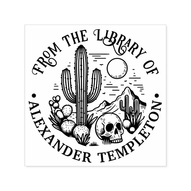 Ökenkaktusscen med skalle #3P Biblioteksboknamn Självfärgande Stämpel (Design)