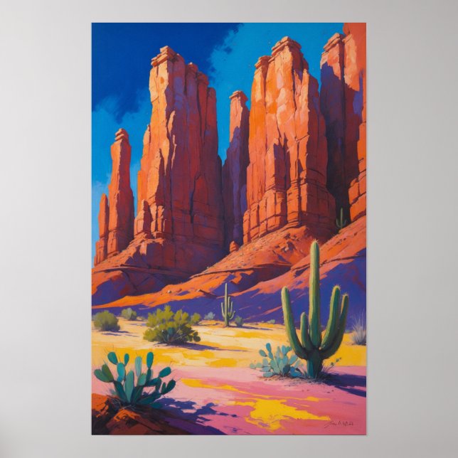 Ökenkanjon med röda klippor och kaktus poster (Framsidan)