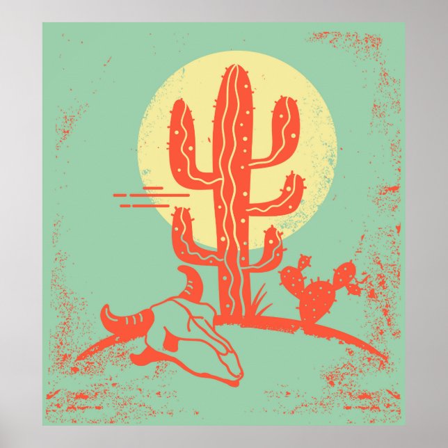 Ökenlandskap med Cactuses och skalle. Vint Poster (Framsidan)