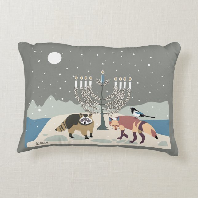 ÖkenlivHANUKKAH vis menora med djur Prydnadskudde (Baksidan)