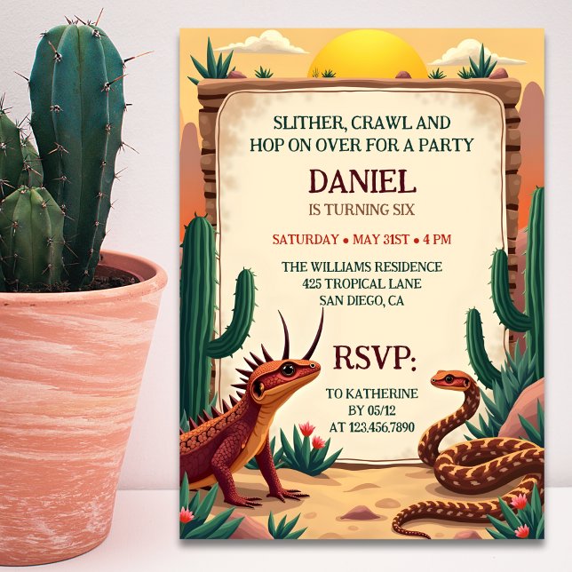 Ökenreptil tema barnkalas inbjudningar (Desert Reptile Themed Kids Birthday Party Invitation)
