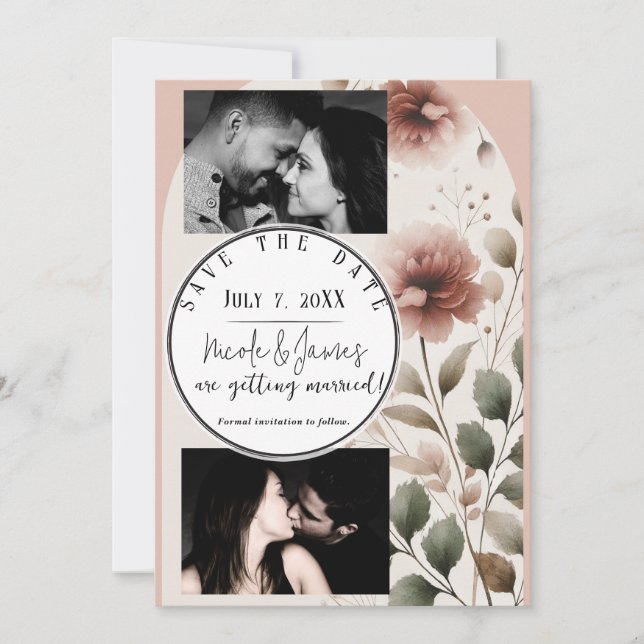 Ökenros Rosa & Grön Blommig Spara Datum Inbjudningar (Framsida)