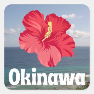 Okinawa Scenia View & Hibiscus Poster Fyrkantigt Klistermärke